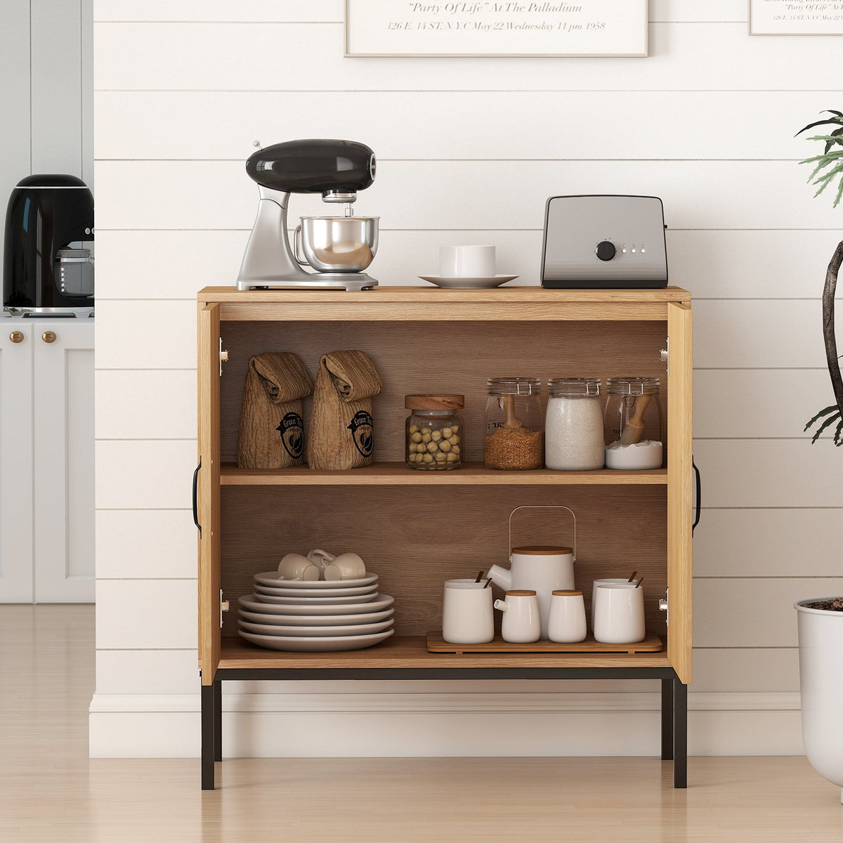 Boho Storage Cabinet with Asymmetrical Pattern Doors for Kitchen-Natural view 3