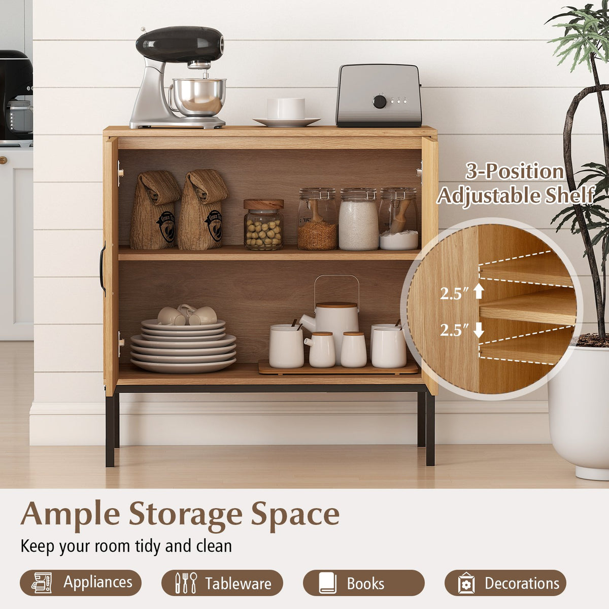 Boho Storage Cabinet with Asymmetrical Pattern Doors for Kitchen-Natural view 7