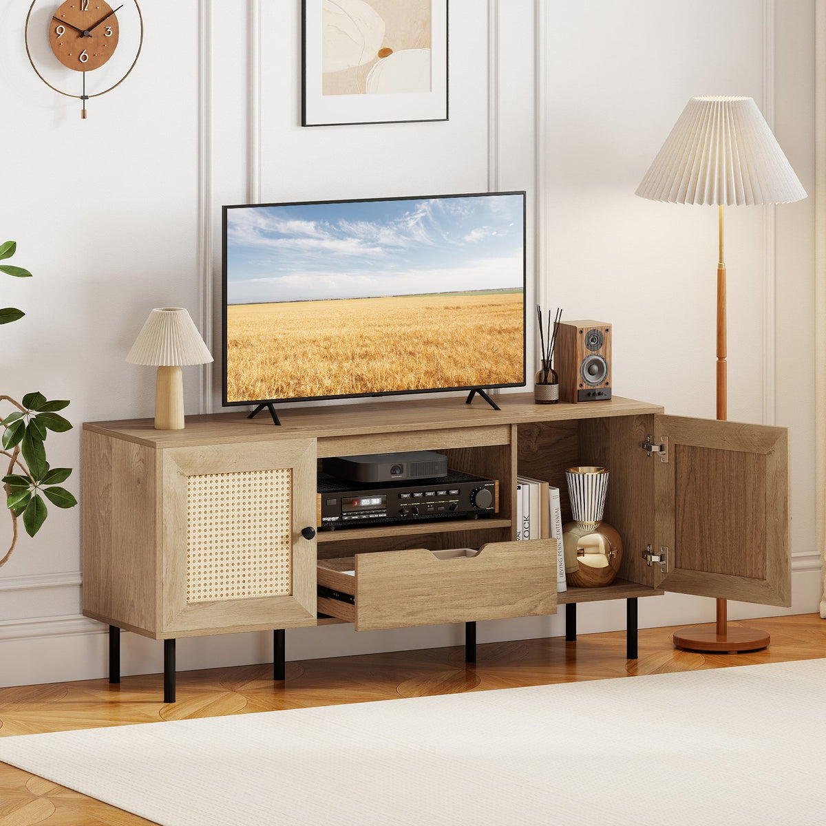 Boho TV Stand for 60 Inch TV Entertainment Center with Cabinets and Storage Shelf-Natural view 2