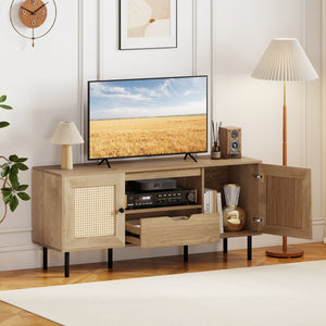 Boho TV Stand for 60 Inch TV Entertainment Center with Cabinets and Storage Shelf-Natural view 2