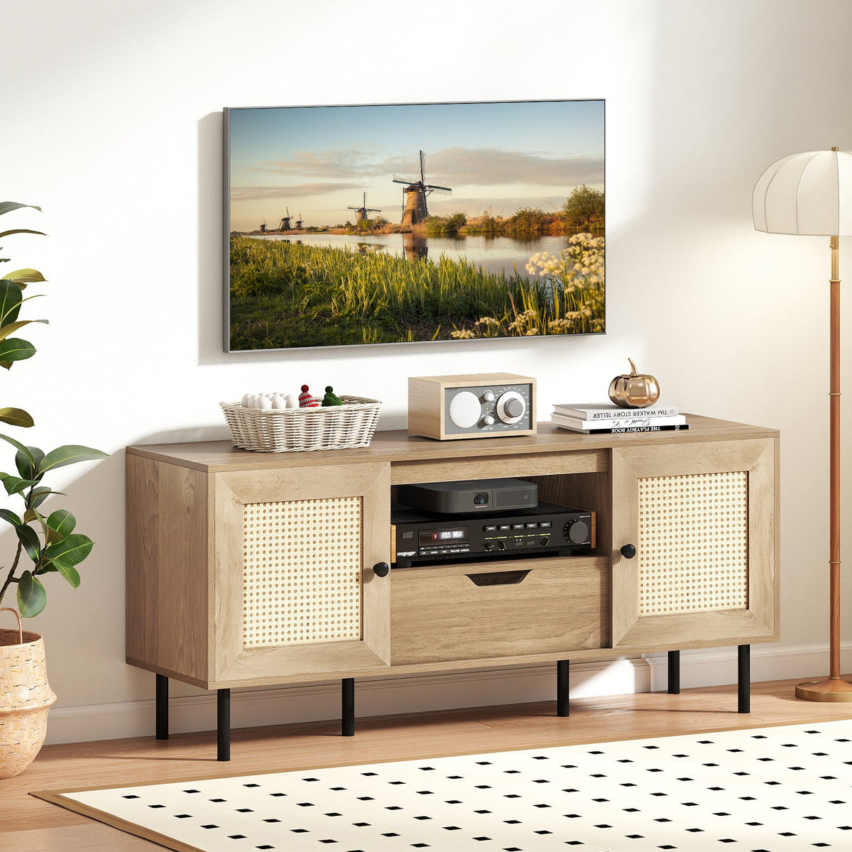 Boho TV Stand for 60 Inch TV Entertainment Center with Cabinets and Storage Shelf-Natural view 3