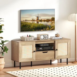 Boho TV Stand for 60 Inch TV Entertainment Center with Cabinets and Storage Shelf-Natural view 3