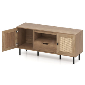 Boho TV Stand for 60 Inch TV Entertainment Center with Cabinets and Storage Shelf-Natural view 4