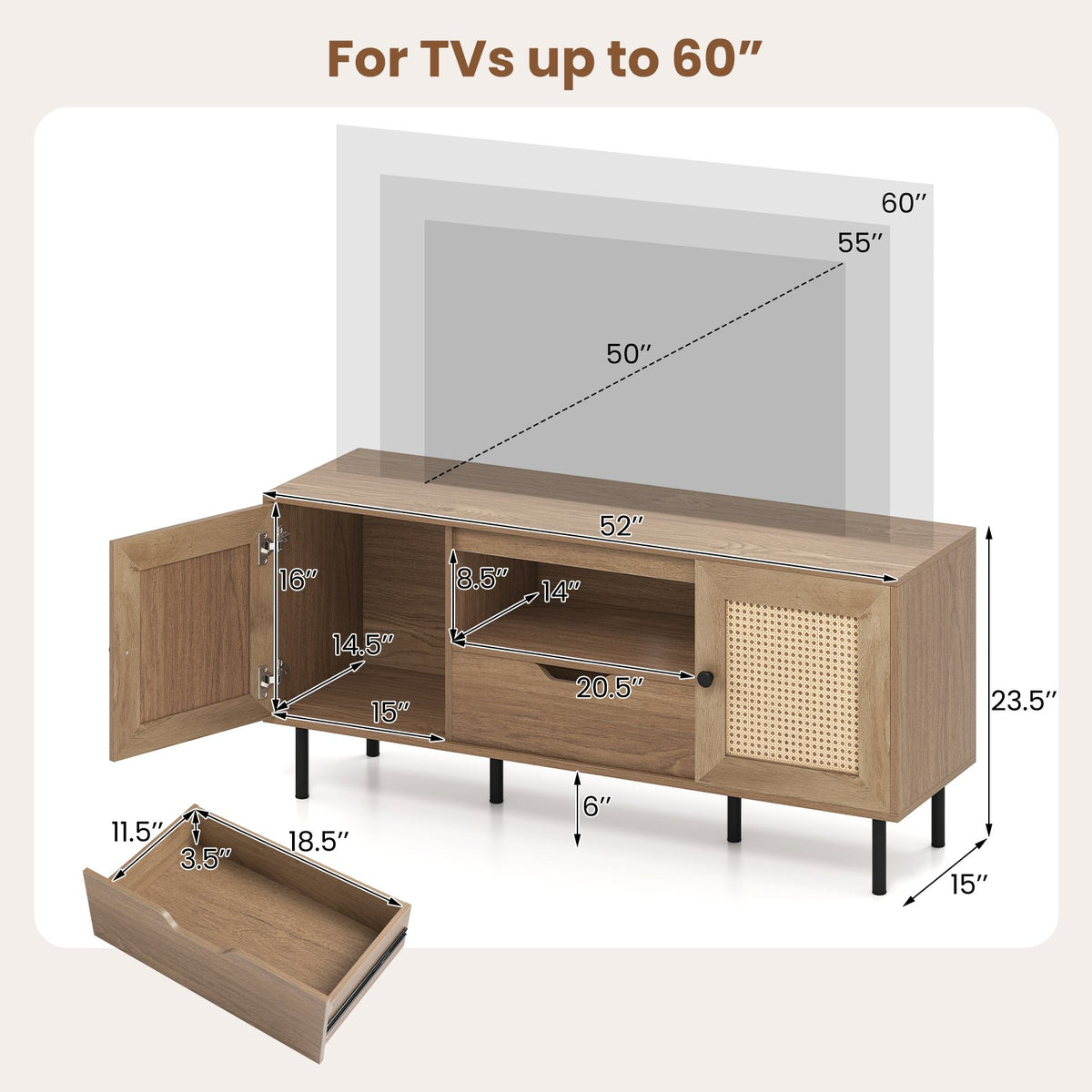 Boho TV Stand for 60 Inch TV Entertainment Center with Cabinets and Storage Shelf-Natural view 5