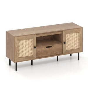 Boho TV Stand for 60 Inch TV Entertainment Center with Cabinets and Storage Shelf-Natural view 6