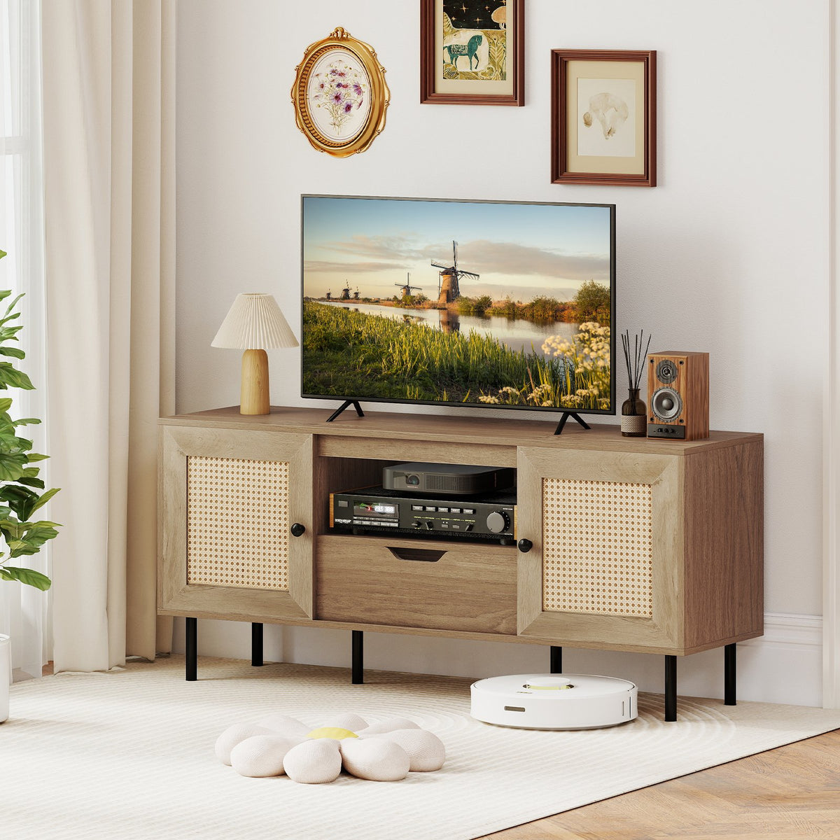 Boho TV Stand for 60 Inch TV Entertainment Center with Cabinets and Storage Shelf-Natural view 7