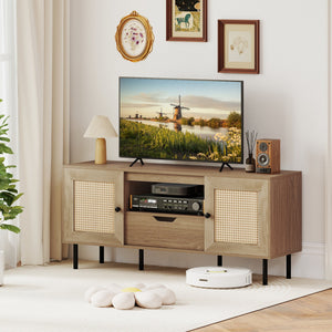 Boho TV Stand for 60 Inch TV Entertainment Center with Cabinets and Storage Shelf-Natural view 7