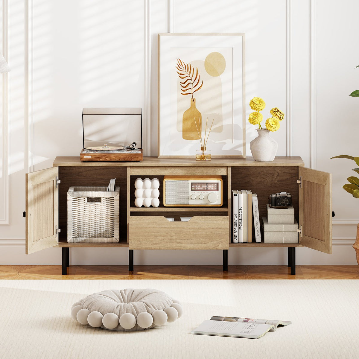 Boho TV Stand for 60 Inch TV Entertainment Center with Cabinets and Storage Shelf-Natural view 8