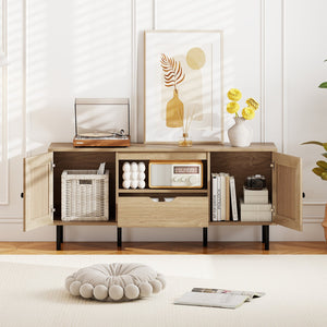 Boho TV Stand for 60 Inch TV Entertainment Center with Cabinets and Storage Shelf-Natural view 8