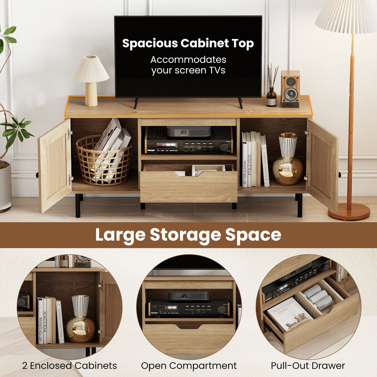 Boho TV Stand for 60 Inch TV Entertainment Center with Cabinets and Storage Shelf-Natural view 9
