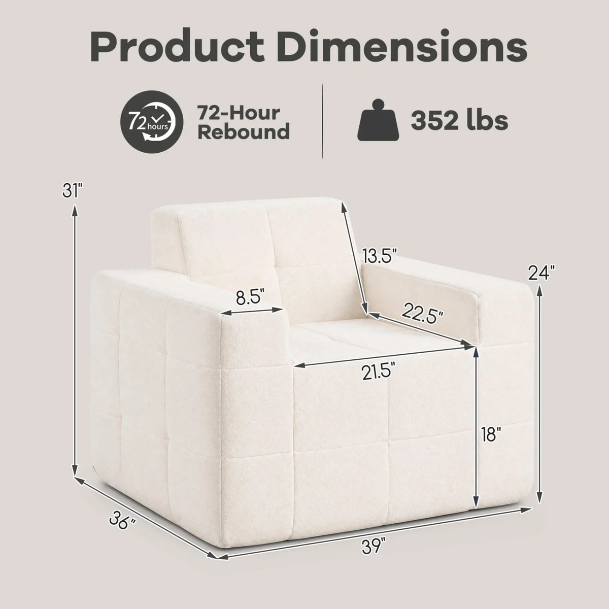 Boneless Single Sofa Chair Cloud Sofa with Terry Cloth Upholstery-Beige view 4