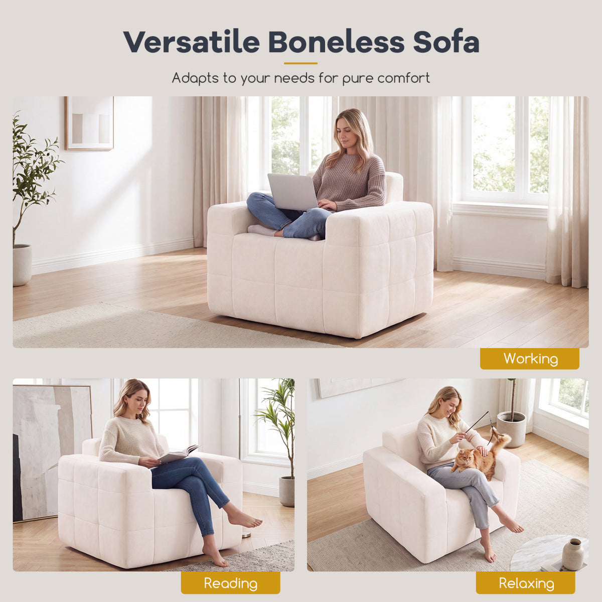 Boneless Single Sofa Chair Cloud Sofa with Terry Cloth Upholstery-Beige view 5