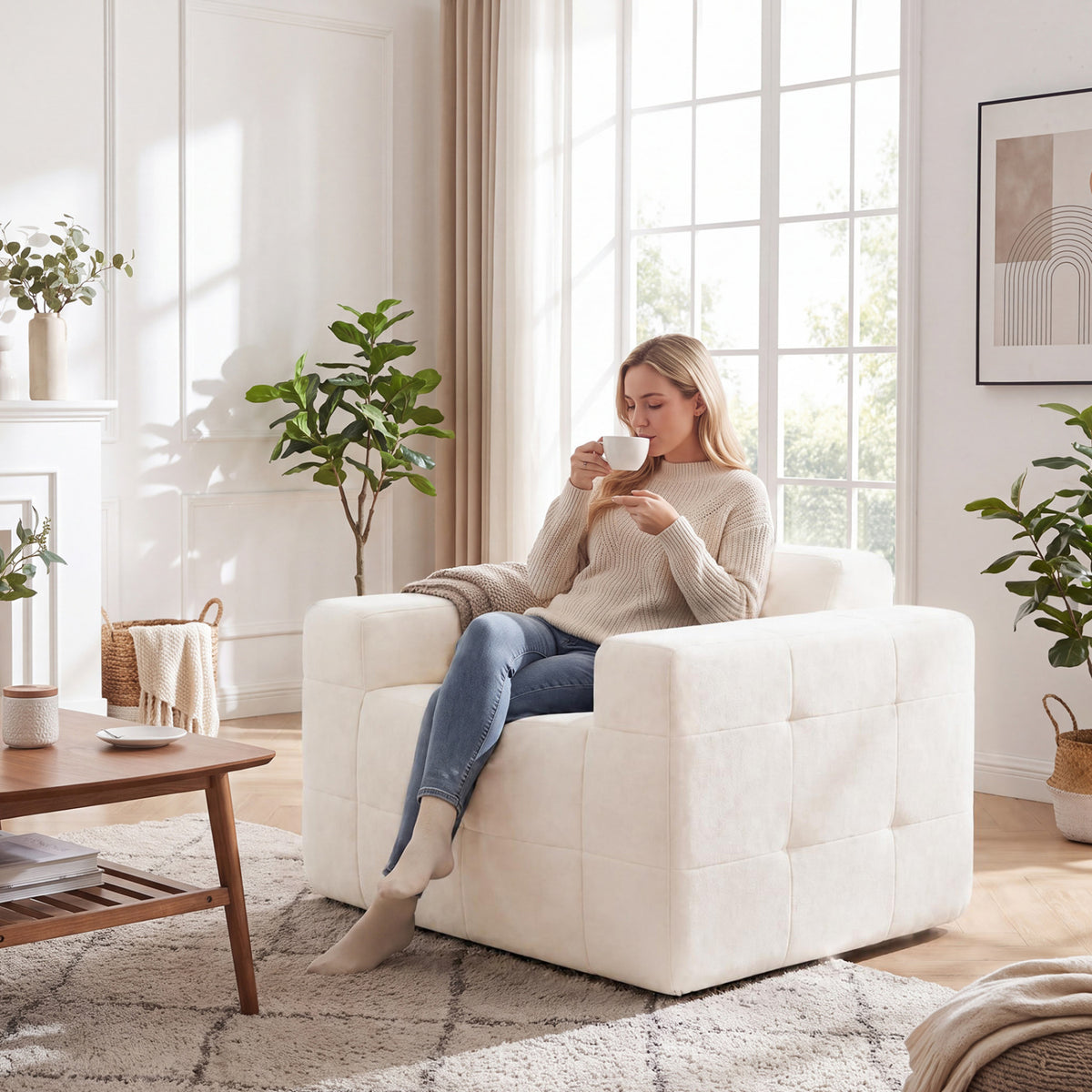 Boneless Single Sofa Chair Cloud Sofa with Terry Cloth Upholstery-Beige view 7