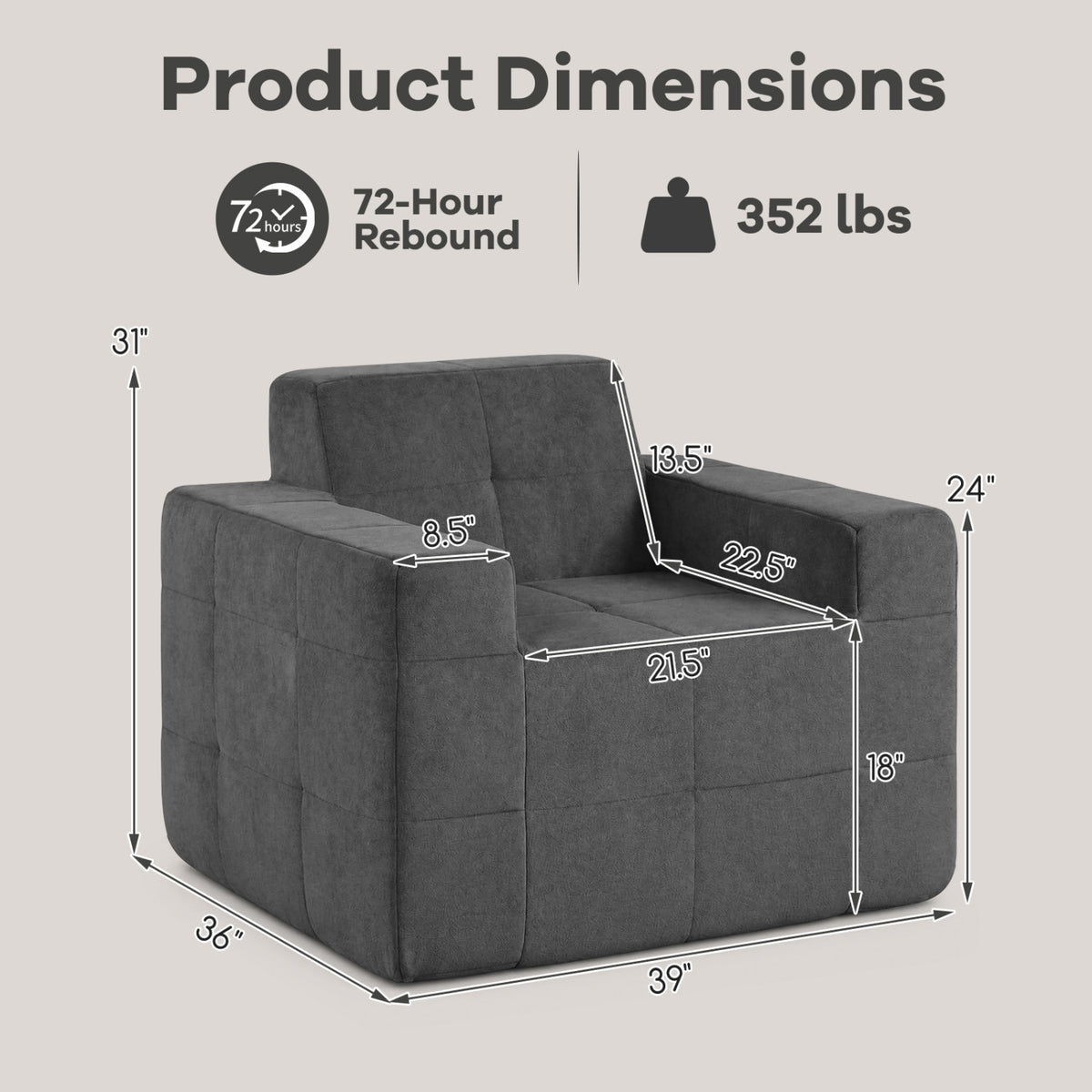 Boneless Single Sofa Chair Cloud Sofa with Terry Cloth Upholstery-Grey view 4