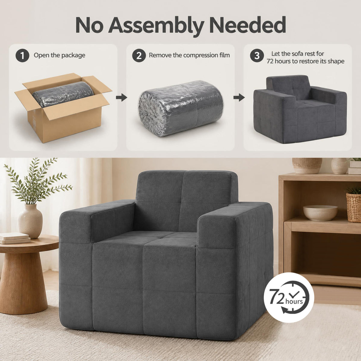 Boneless Single Sofa Chair Cloud Sofa with Terry Cloth Upholstery-Grey view 5
