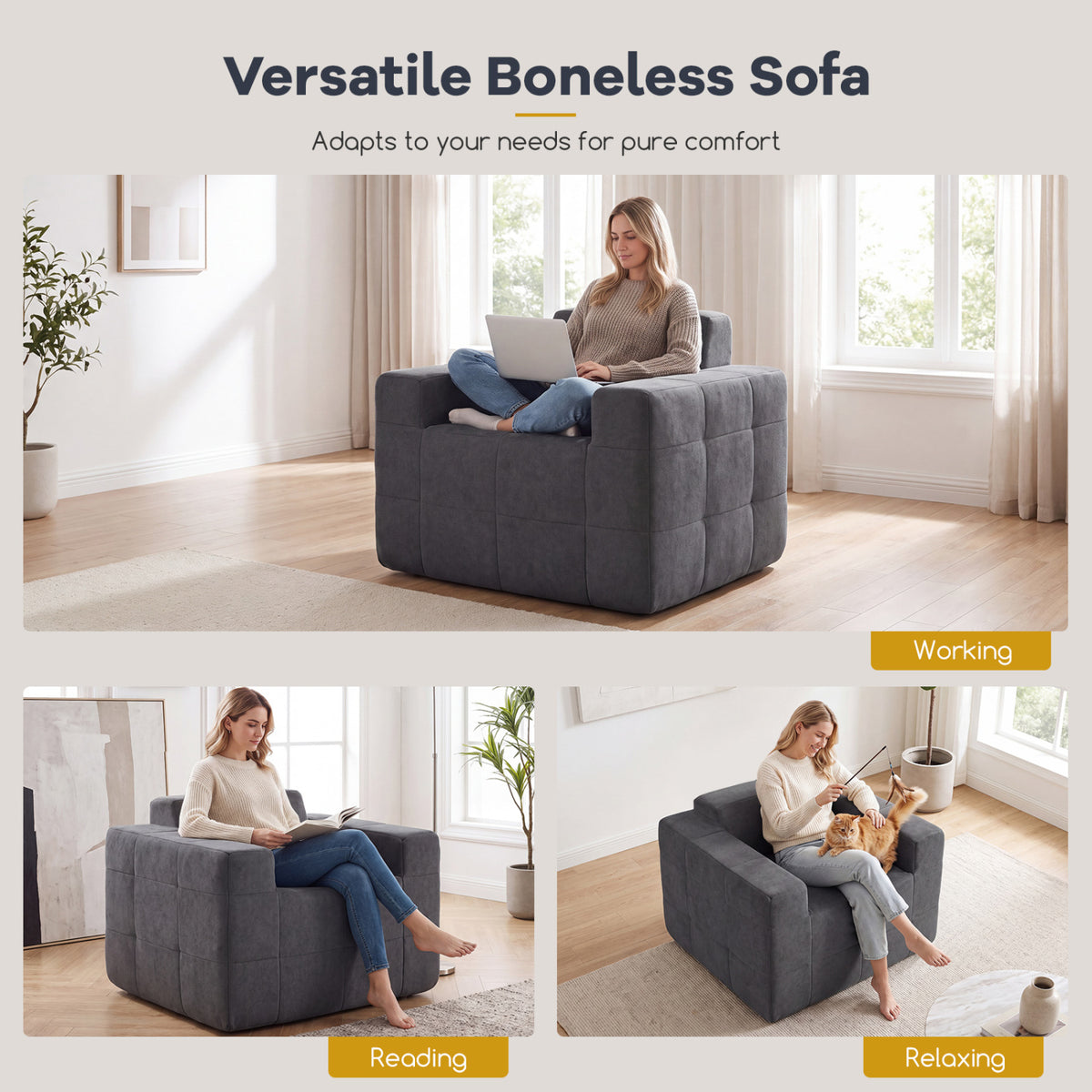 Boneless Single Sofa Chair Cloud Sofa with Terry Cloth Upholstery-Grey view 6
