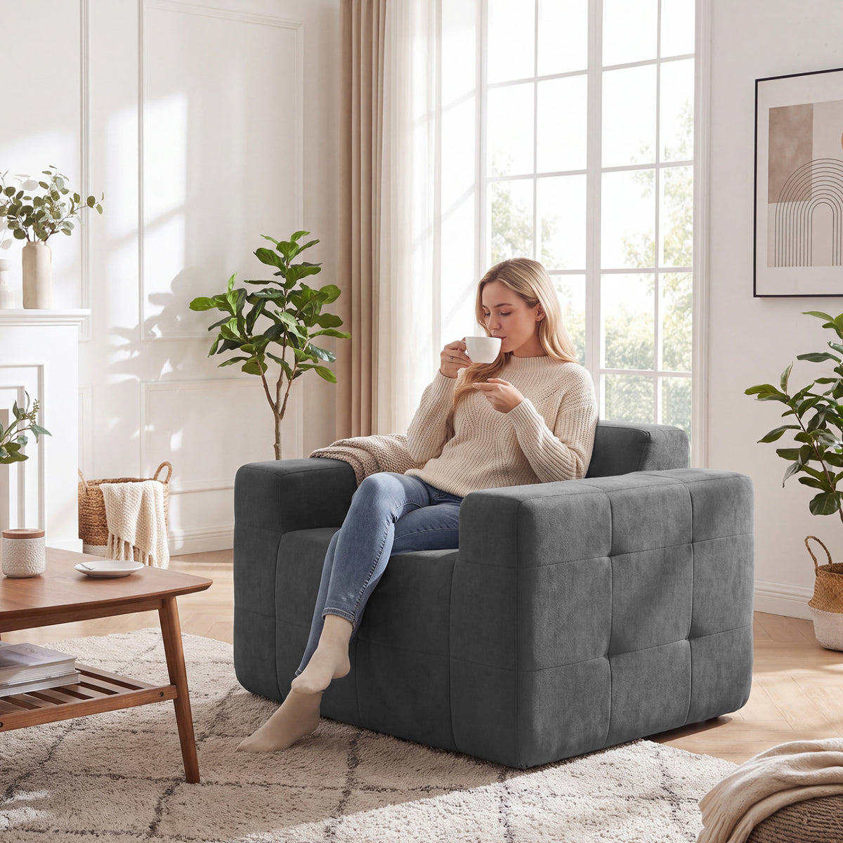 Boneless Single Sofa Chair Cloud Sofa with Terry Cloth Upholstery-Grey view 7