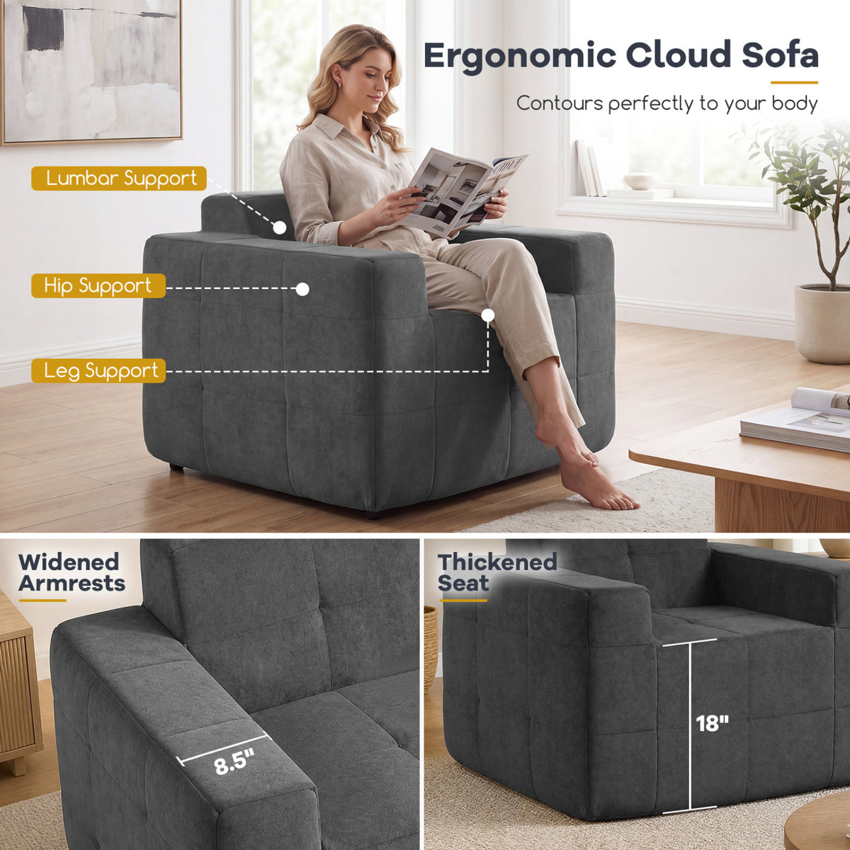 Boneless Single Sofa Chair Cloud Sofa with Terry Cloth Upholstery-Grey view 8