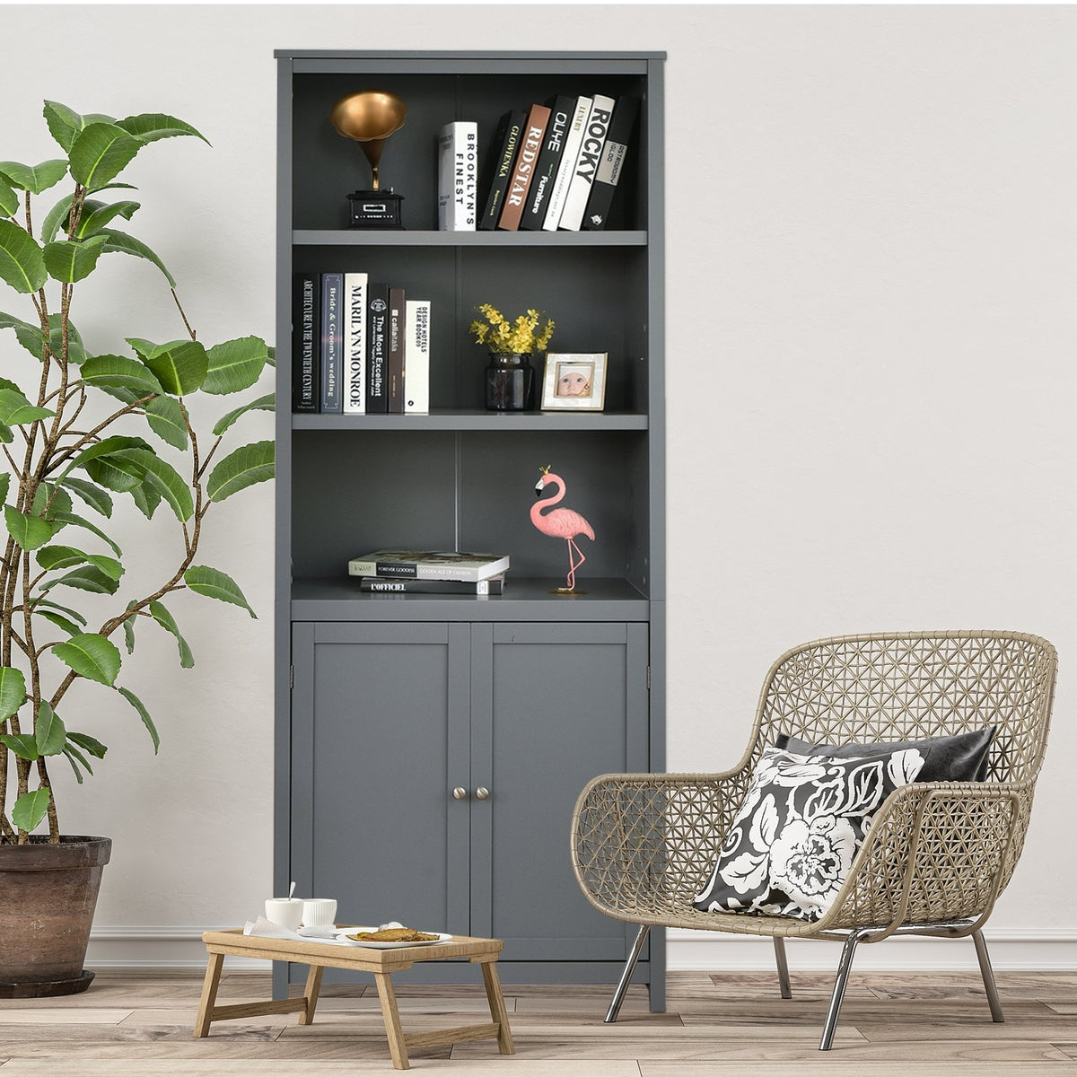 Bookcase Shelving Storage Wooden Cabinet Unit Standing Display Bookcase with Doors-Gray view 2