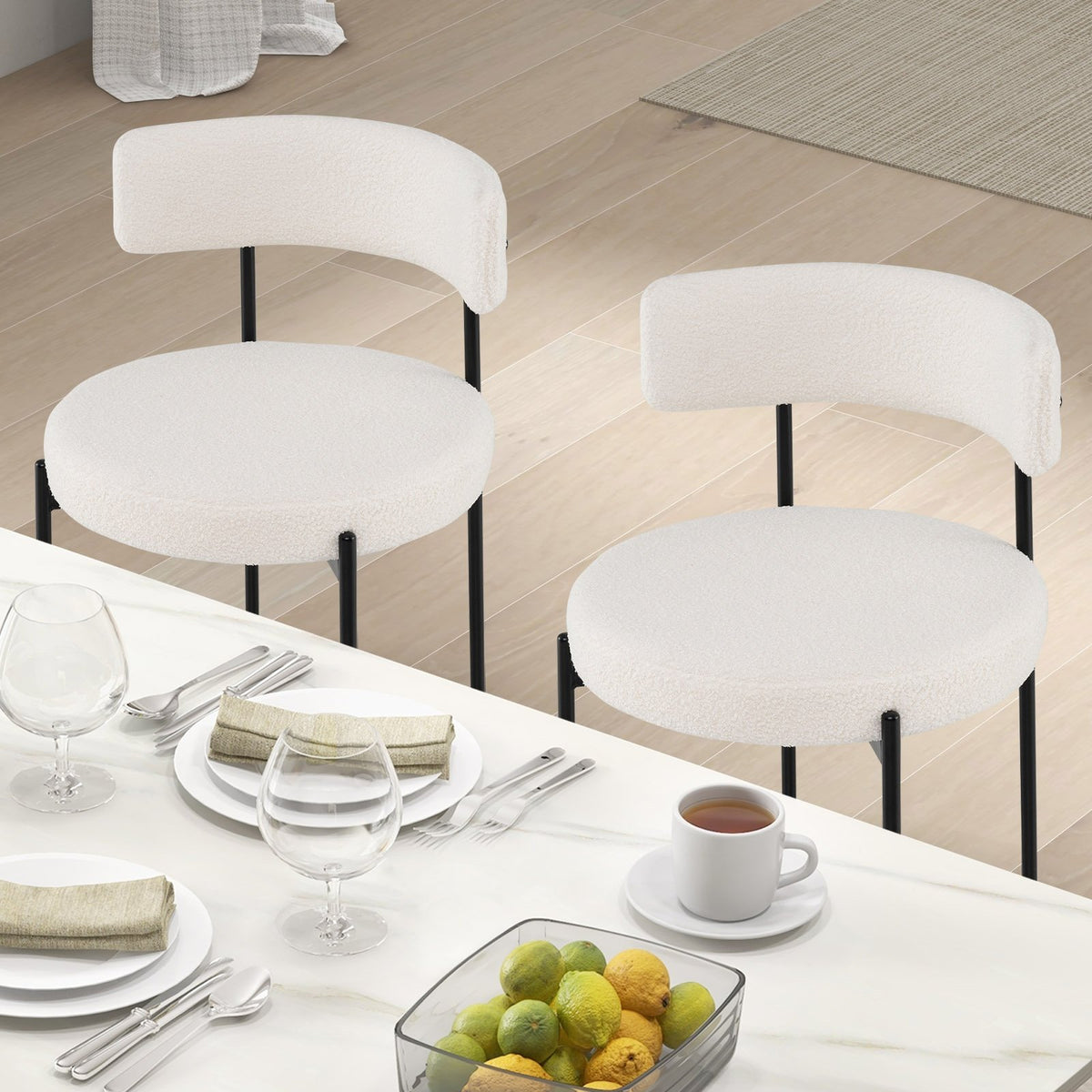 Boucle Dining Chair with Curved Backrest and Metal Legs Set of 4-White view 3