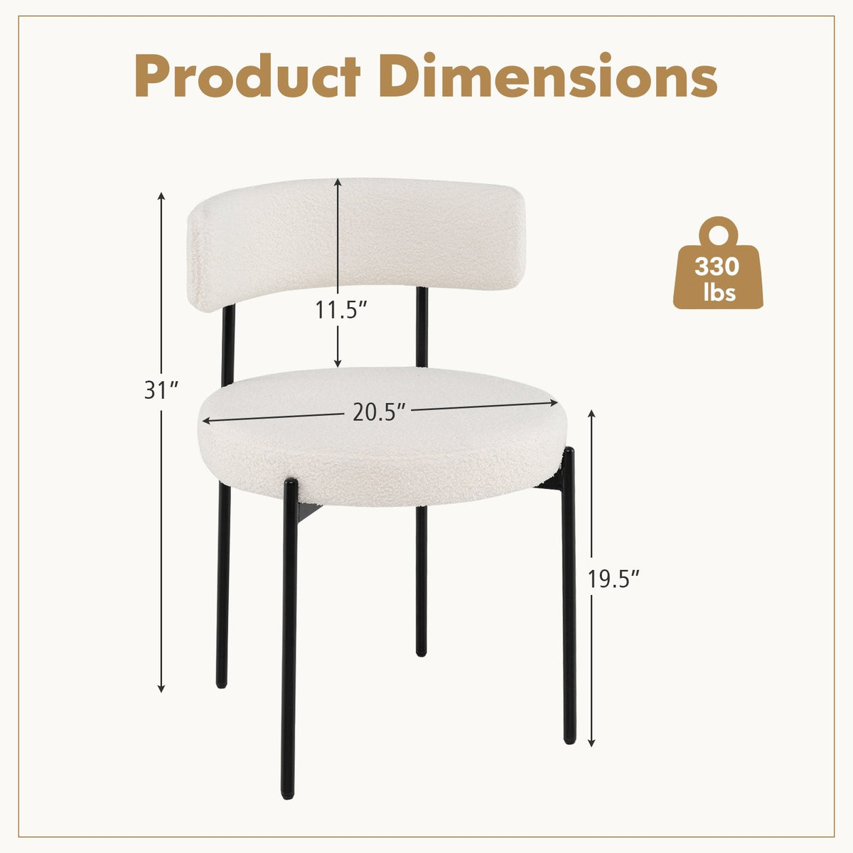 Boucle Dining Chair with Curved Backrest and Metal Legs Set of 4-White view 4