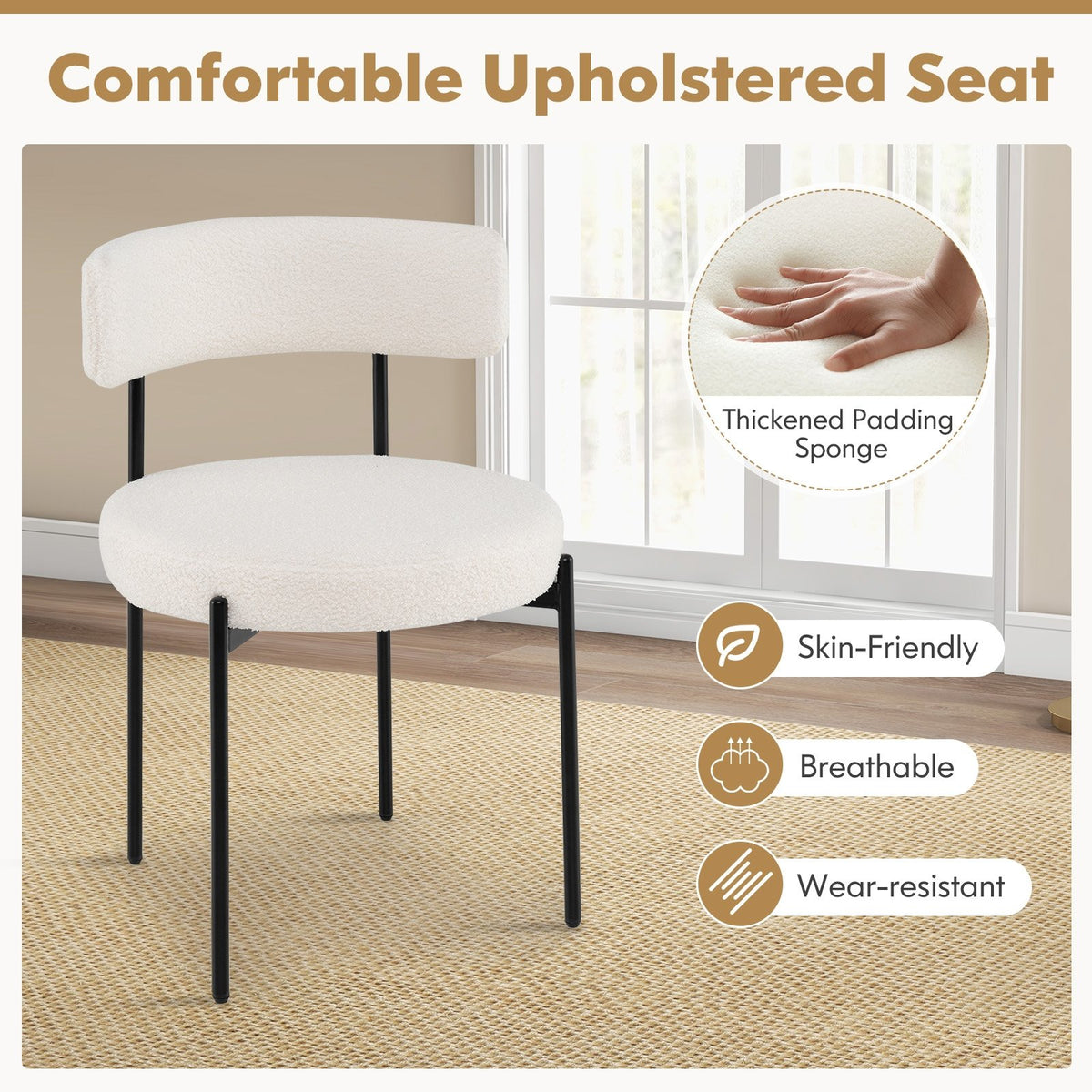Boucle Dining Chair with Curved Backrest and Metal Legs Set of 4-White view 7