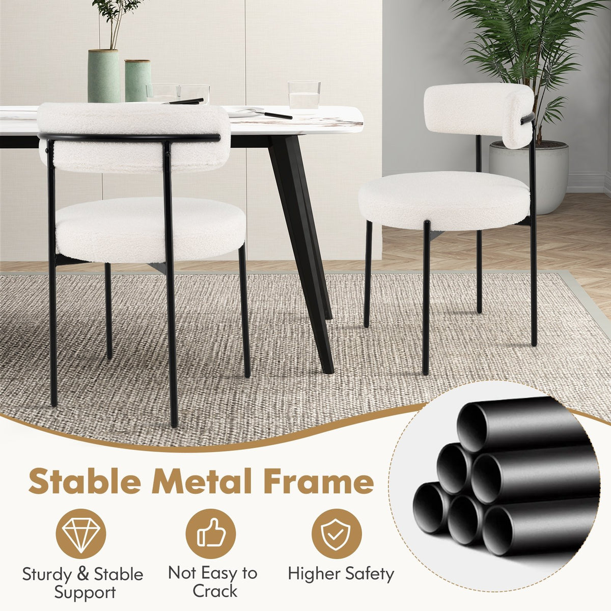 Boucle Dining Chair with Curved Backrest and Metal Legs Set of 4-White view 8