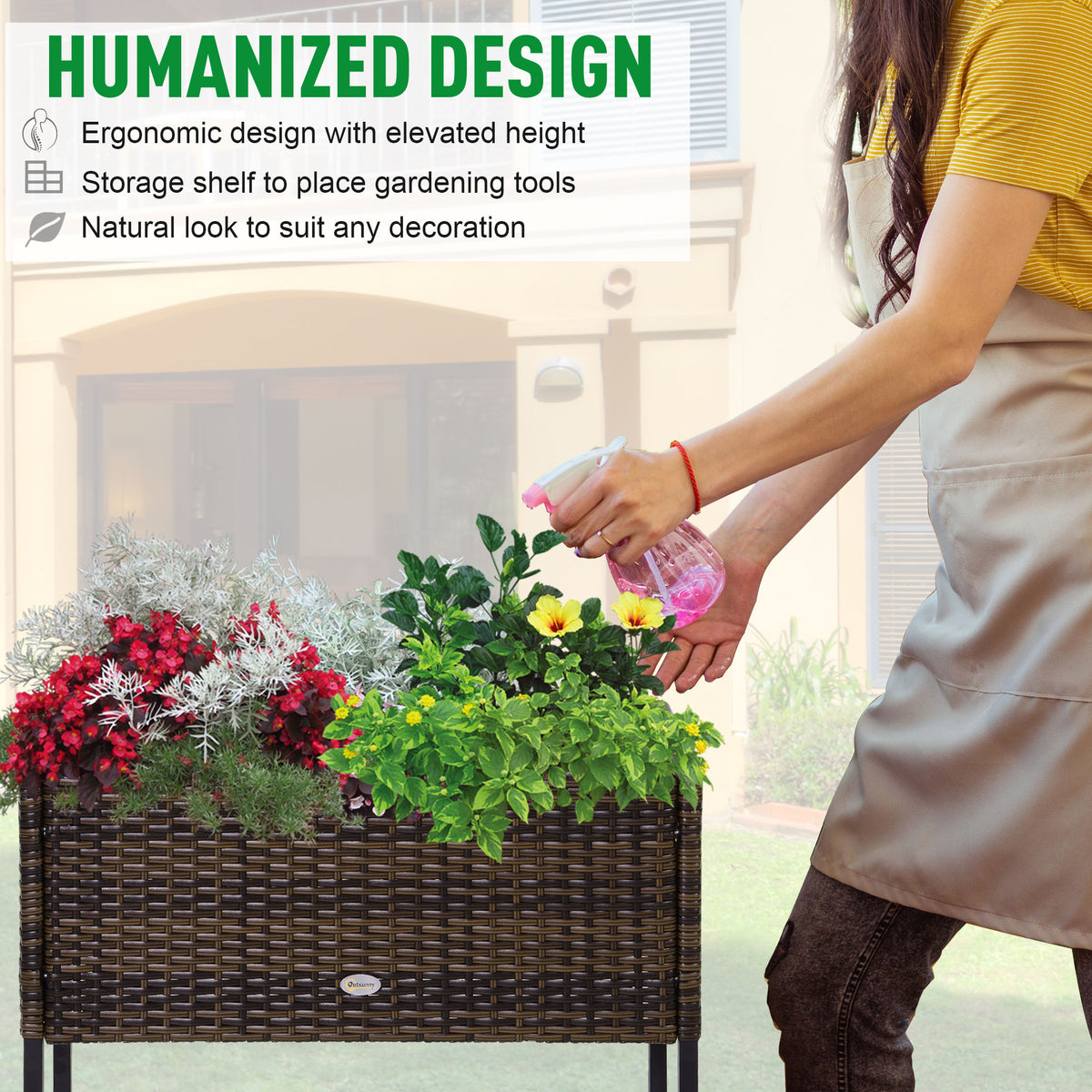 Rattan Raised Garden Boxes, Elevated Flower Beds with Storage Shelf for Herbs, Flowers, Vegetables, Brown – view 5