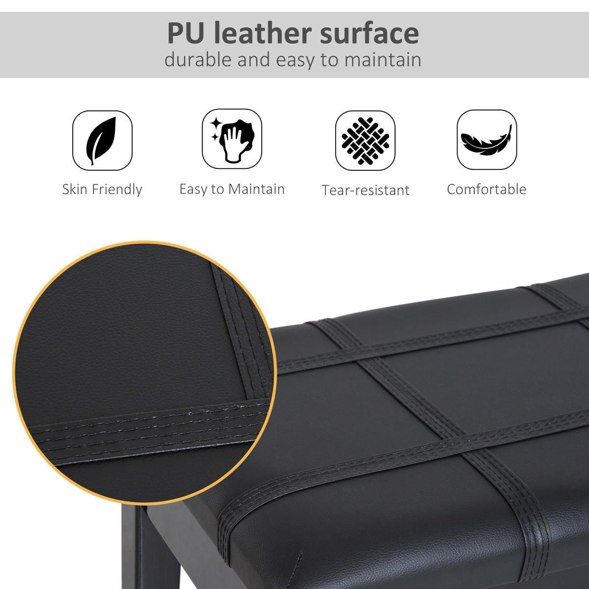 Classic Piano Bench Stool, PU Leather Padded Keyboard Seat with Rubber Wood Legs and Music Storage Compartment, Banded Seat, Black