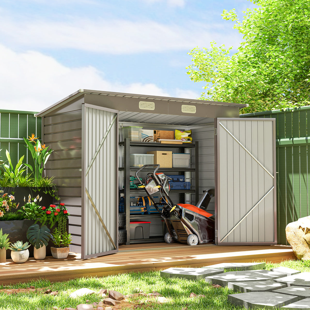 8 x 4FT Galvanized Garden Storage Shed, Metal Outdoor Shed with Double Doors and 2 Vents, Oak – view 28