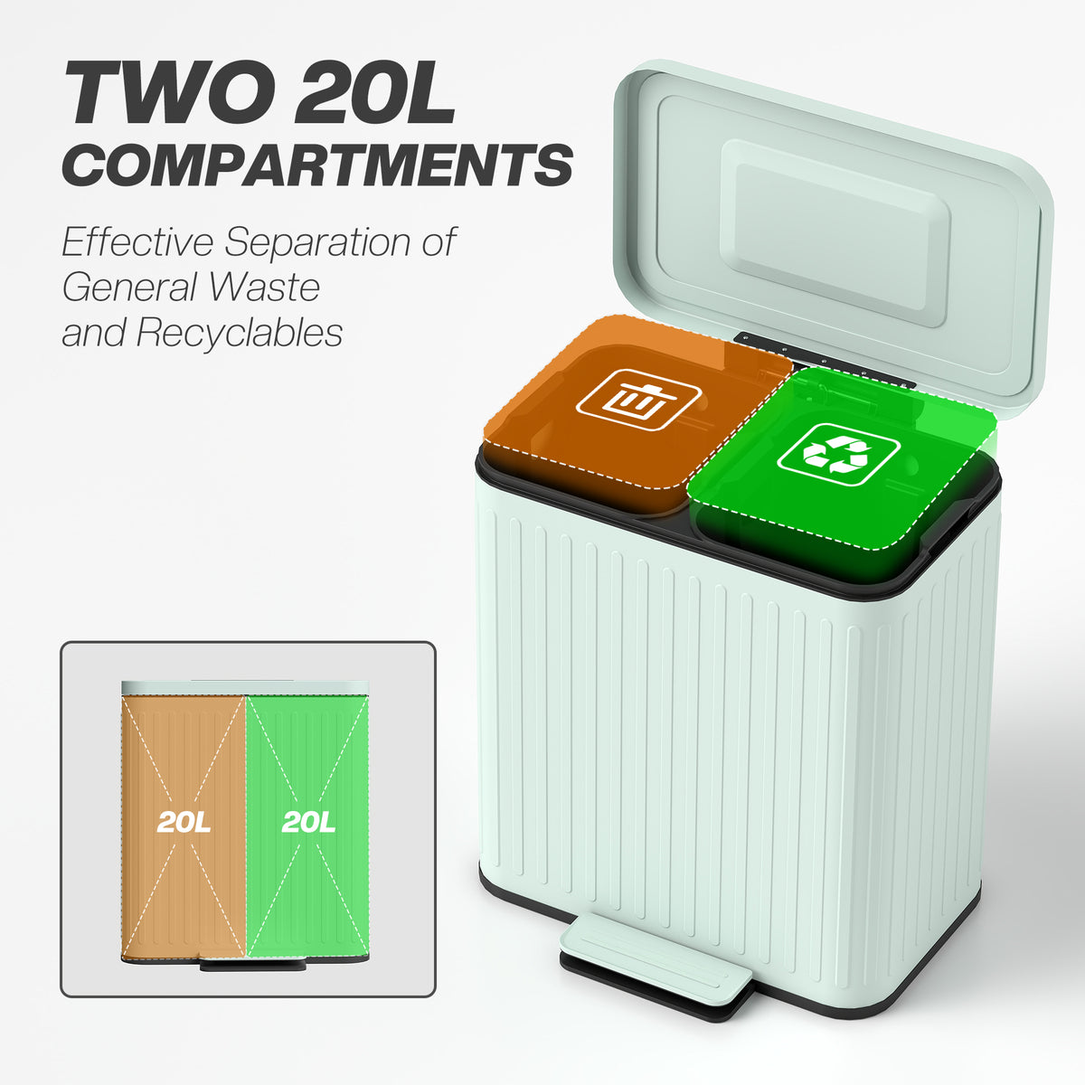 Trash Can, 2 x 5.3 Gallon (2 x 20 L) Garbage Can with Soft-Close Lid, Removable Inner Buckets for Kitchen Home Office