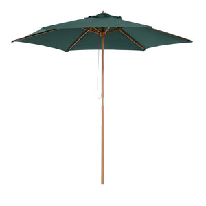 8FT Wood Market Umbrella Patio Umbrella Round Garden Parasol Canopy with Bamboo Ribs and Top Vent, Dark Green