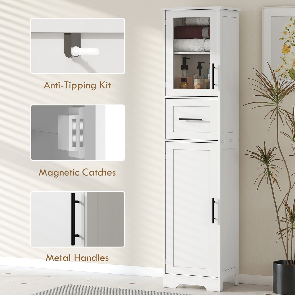 67" Tall Bathroom Storage Cabinet, Freestanding Narrow Bathroom Cabinet with Adjustable Shelves, Glass Door and Drawer