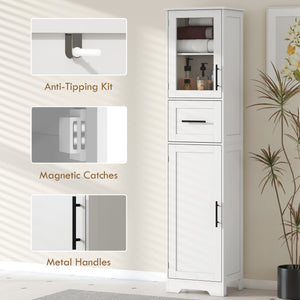 67" Tall Bathroom Storage Cabinet, Freestanding Narrow Bathroom Cabinet with Adjustable Shelves, Glass Door and Drawer