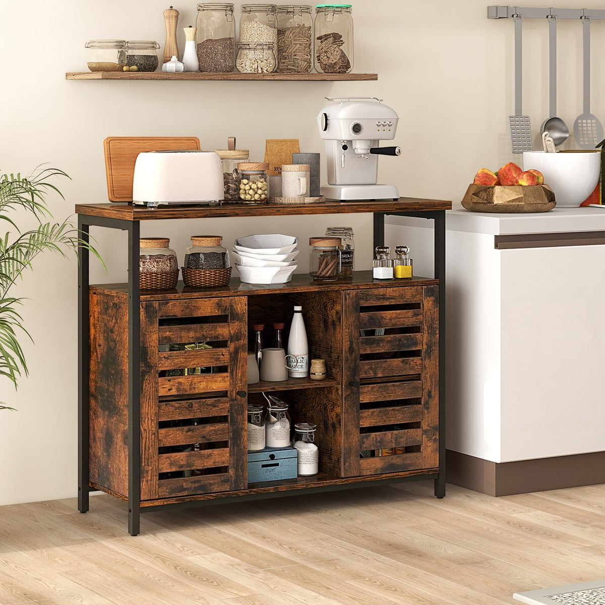 Buffet Cabinet Industrial Sideboard Storage Cabinet with Push-to-Open Slatted Door and 3 Adjustable Shelves-Rustic Brown view 2