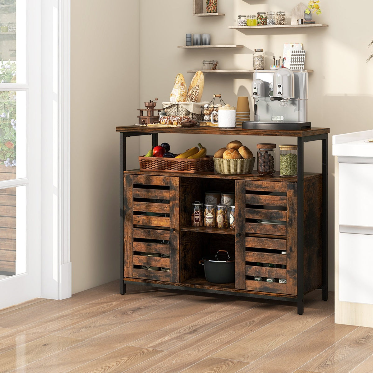 Buffet Cabinet Industrial Sideboard Storage Cabinet with Push-to-Open Slatted Door and 3 Adjustable Shelves-Rustic Brown view 3