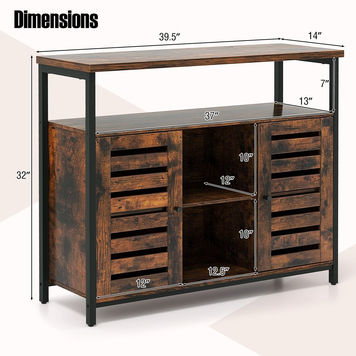 Buffet Cabinet Industrial Sideboard Storage Cabinet with Push-to-Open Slatted Door and 3 Adjustable Shelves-Rustic Brown view 5