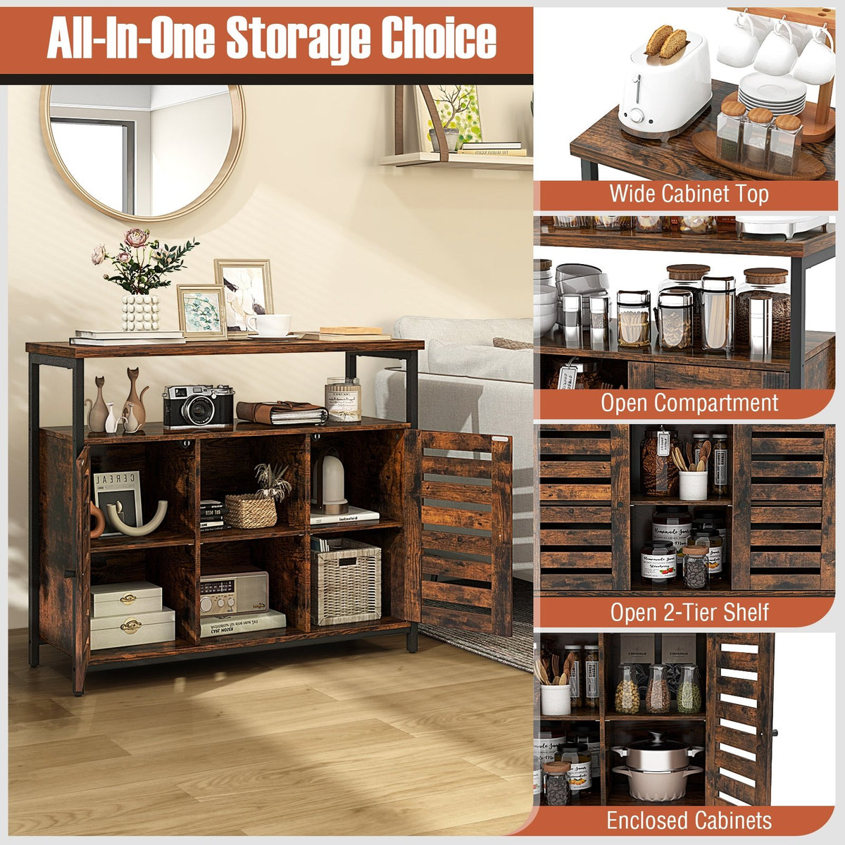 Buffet Cabinet Industrial Sideboard Storage Cabinet with Push-to-Open Slatted Door and 3 Adjustable Shelves-Rustic Brown view 7