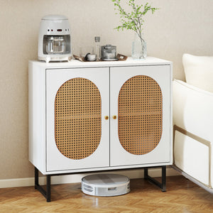 Buffet Cabinet Rattan Storage Cabinet with 2 Doors and Adjustable Shelf-White view 2