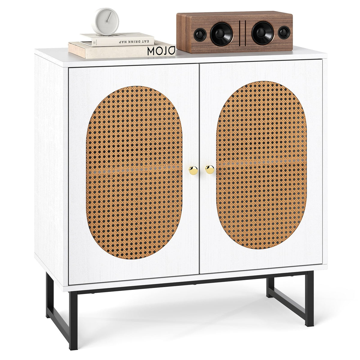 Buffet Cabinet Rattan Storage Cabinet with 2 Doors and Adjustable Shelf-White view 4