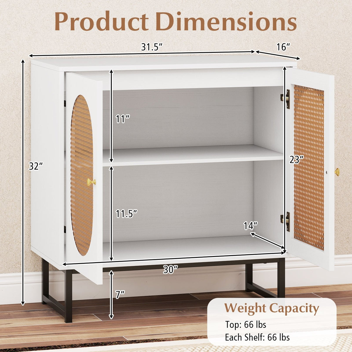 Buffet Cabinet Rattan Storage Cabinet with 2 Doors and Adjustable Shelf-White view 5