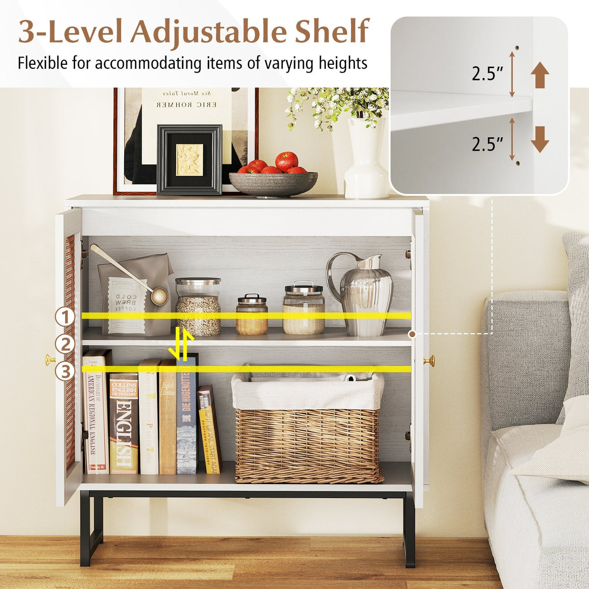 Buffet Cabinet Rattan Storage Cabinet with 2 Doors and Adjustable Shelf-White view 7