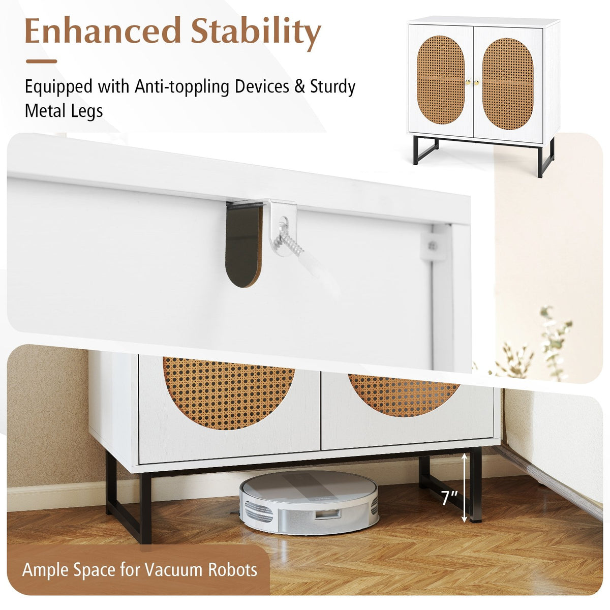 Buffet Cabinet Rattan Storage Cabinet with 2 Doors and Adjustable Shelf-White view 8