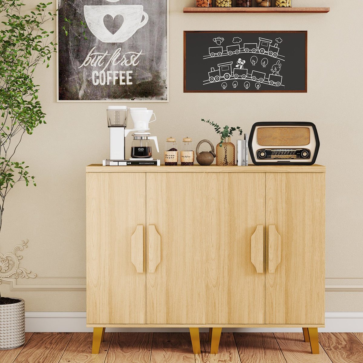 Buffet Cabinet with Double Doors and Raised Legs-Natural view 6