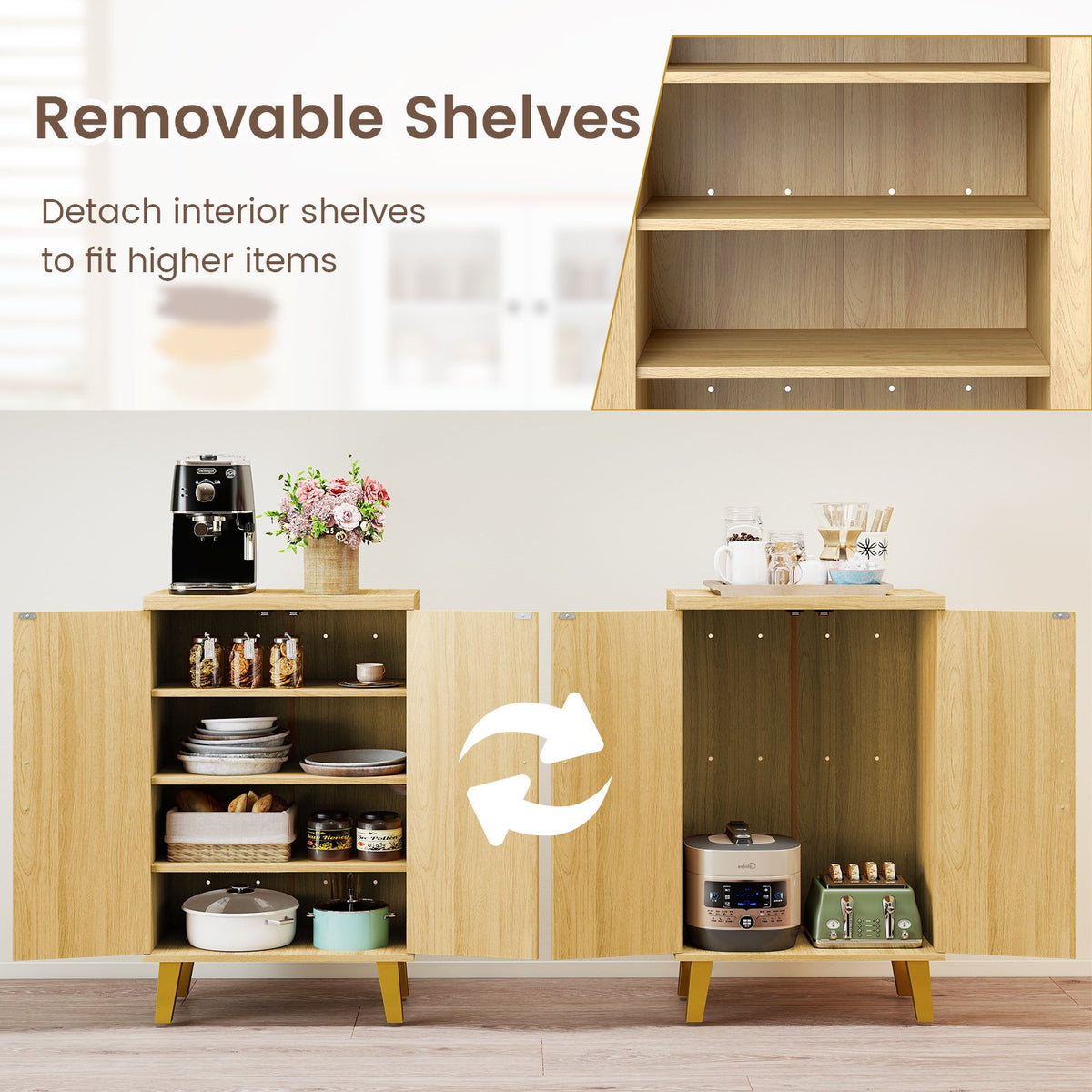 Buffet Cabinet with Double Doors and Raised Legs-Natural view 7