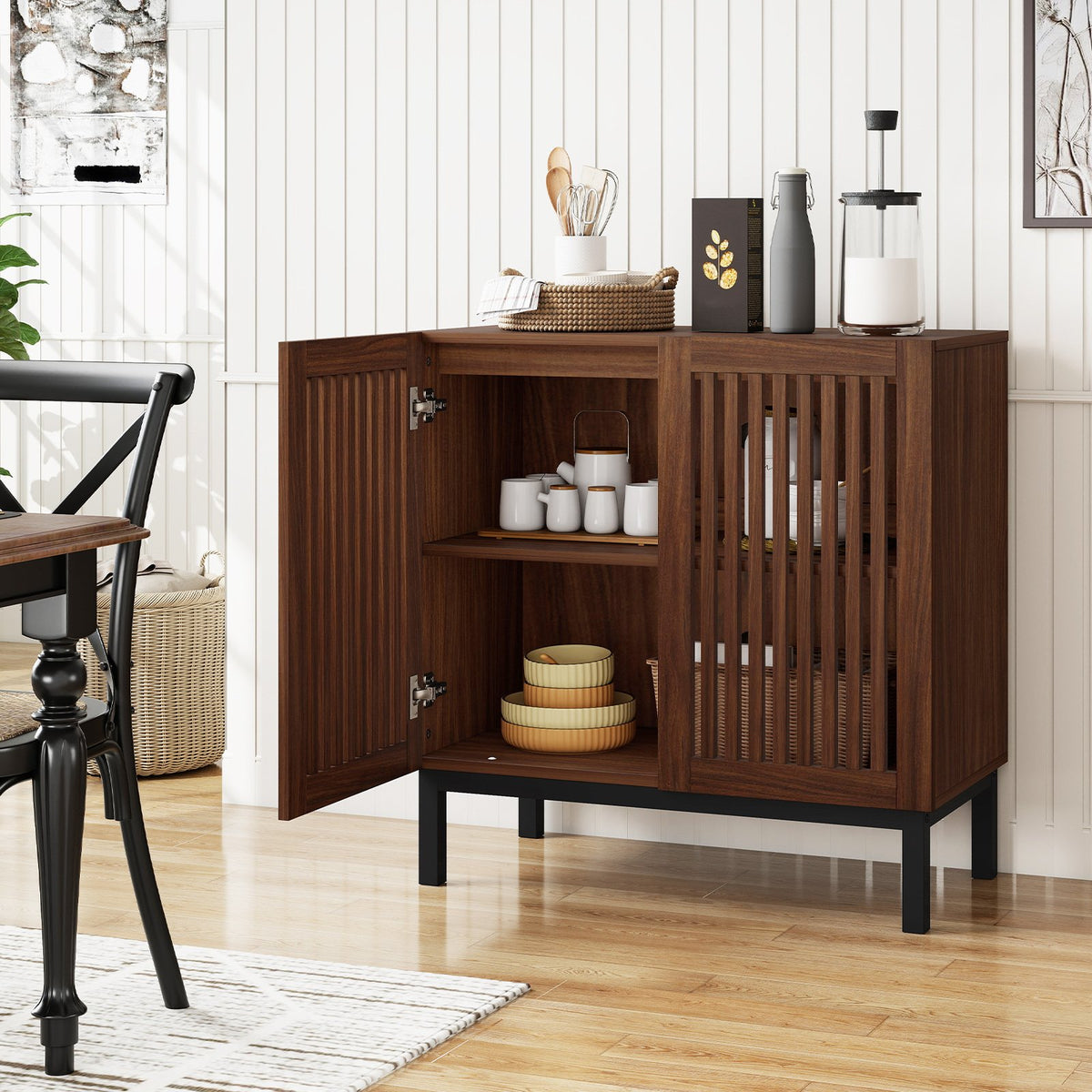 Buffet Cabinet with Storage 32 inches Wooden Sideboard Coffee Bar Station-Walnut view 2