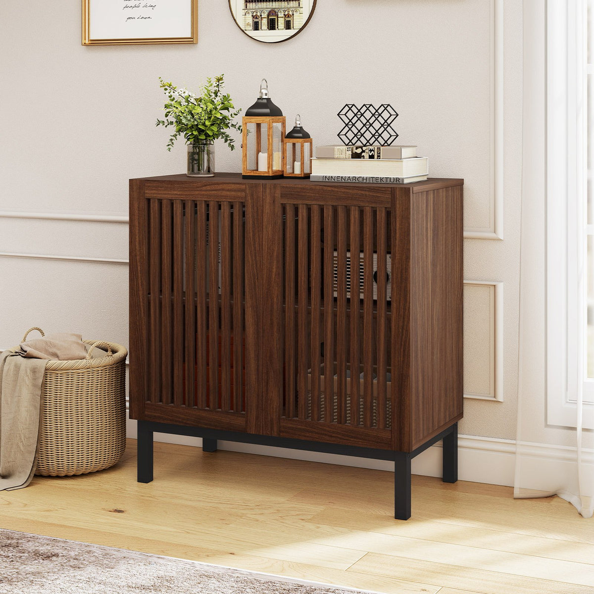Buffet Cabinet with Storage 32 inches Wooden Sideboard Coffee Bar Station-Walnut view 3