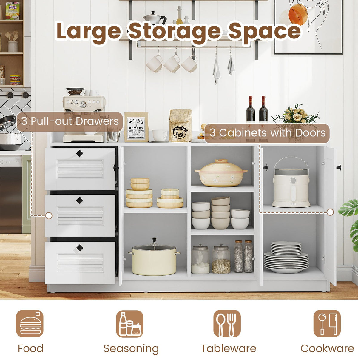 Buffet Cabinet with Storage Modern Sideboard Cabinet with 3 Doors-White view 8
