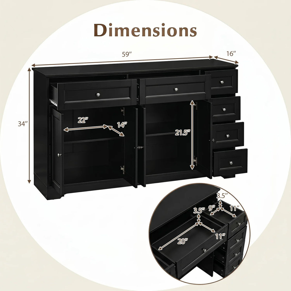 Buffet Sideboard 59 inches Modern Coffee Bar Station Console Table-Black view 5
