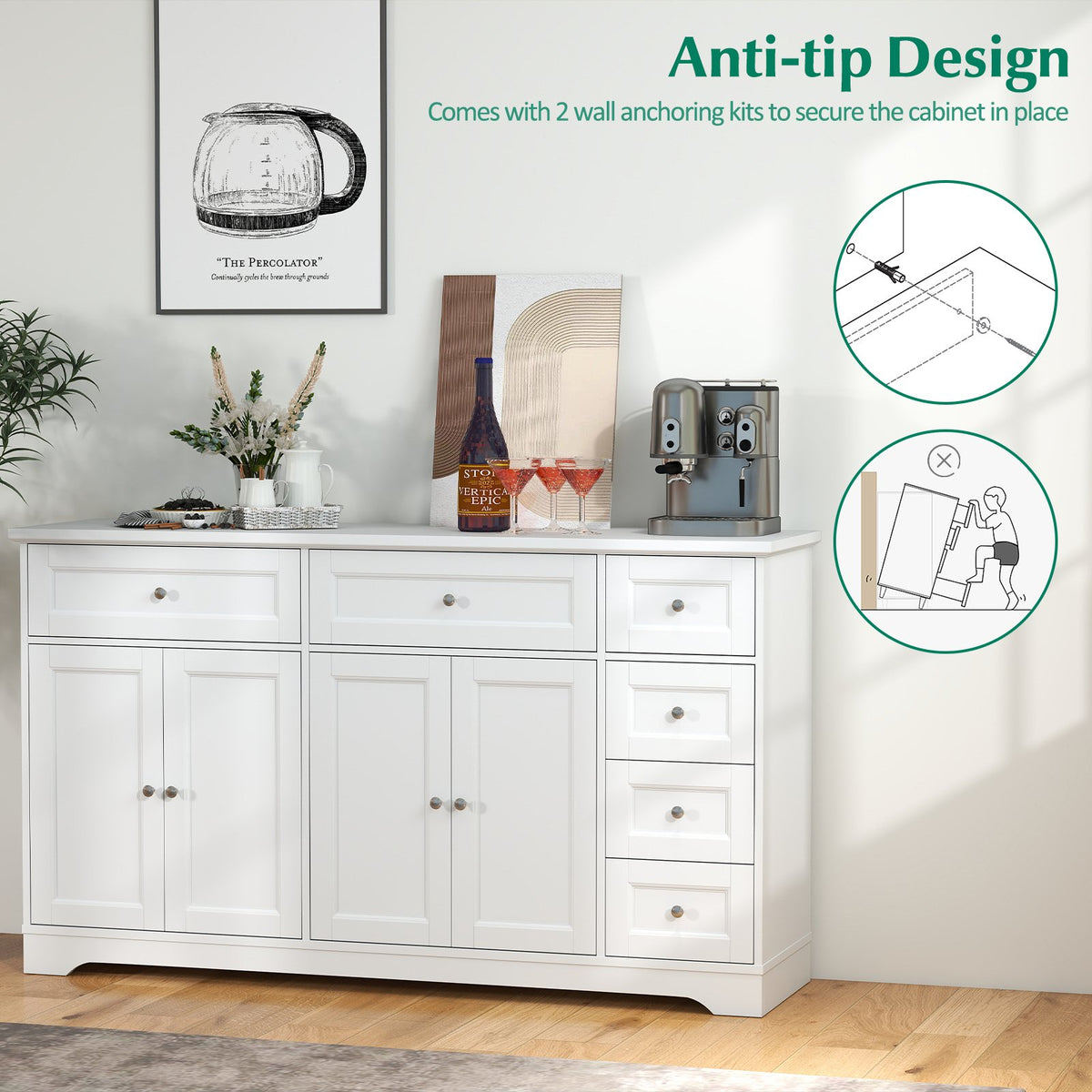 Buffet Sideboard 59 inches Modern Coffee Bar Station Console Table-White view 9